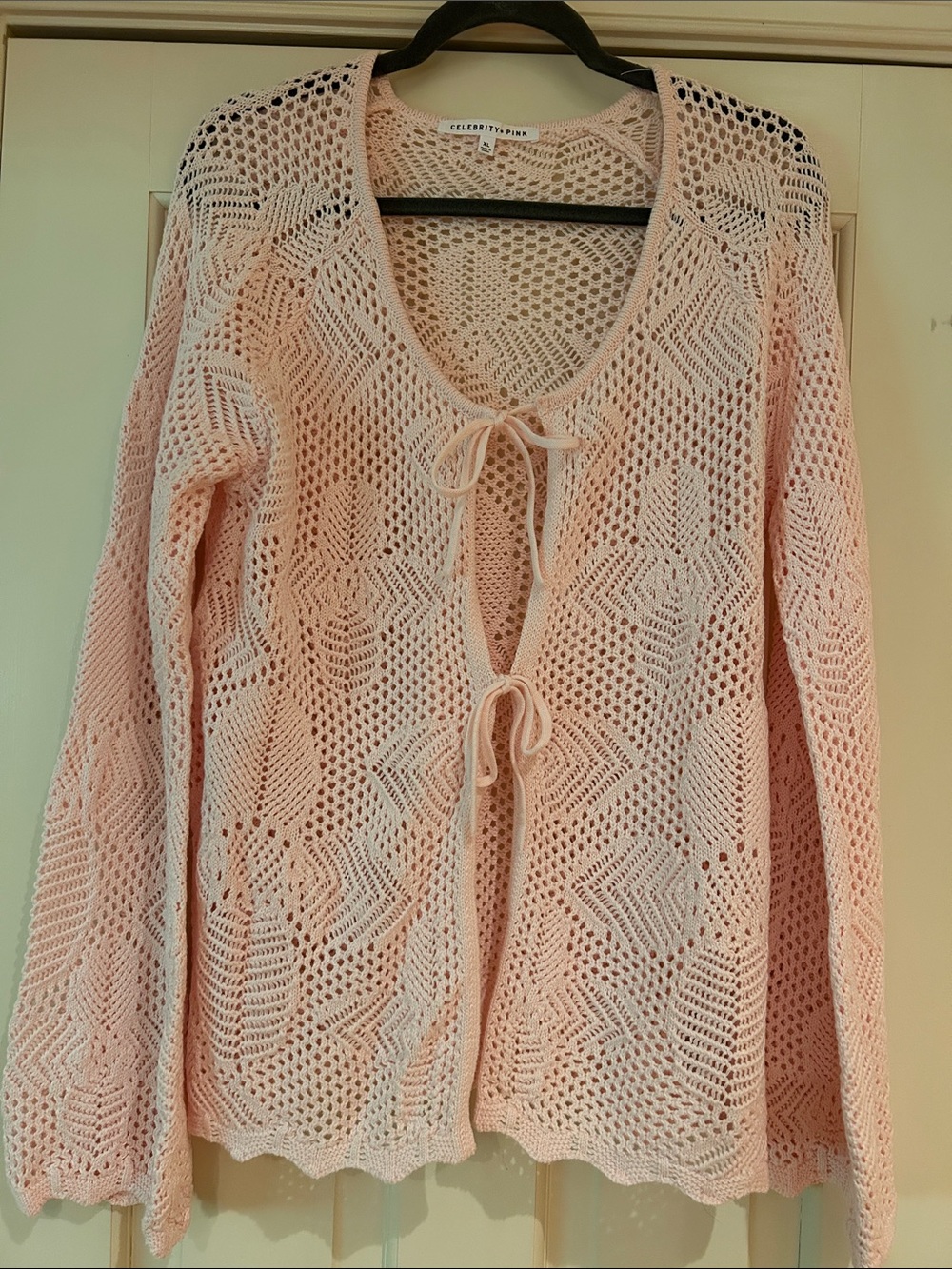 Celebrity Pink Crochet Tie-Front Cardigan in Light Pink XL